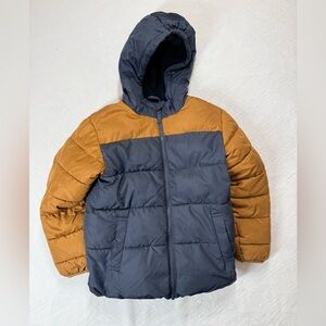 Swiss Tech Puffer Jacket Boys Smal Size 6-7 Full Zip Hood Brown & Navy Blue Snow